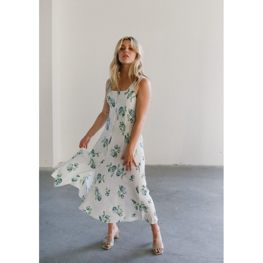 Rolla's Claire Hydrangea Dress White Blue Green Floral Button Front Midi Tie S